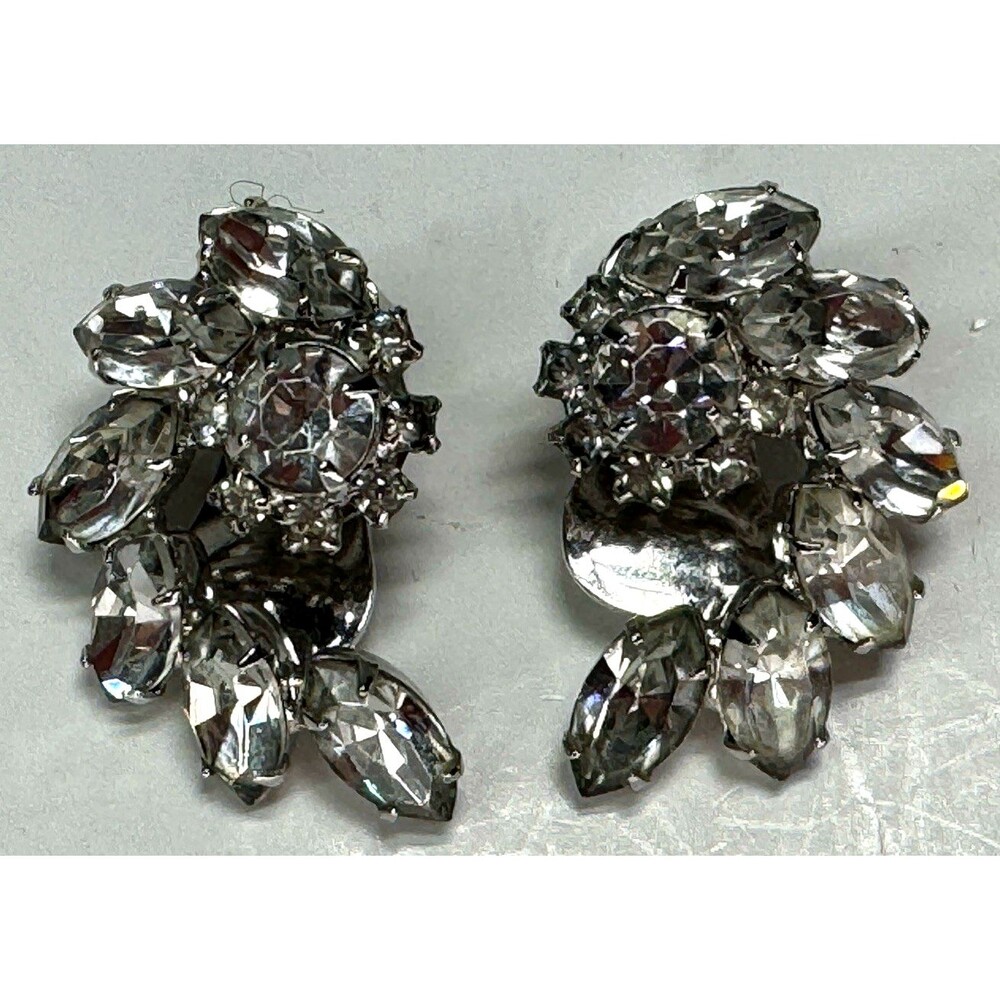 VTG Kramer Signed Clear Rhinestone Floral Marquise Clip-on Earrings Retro MCM